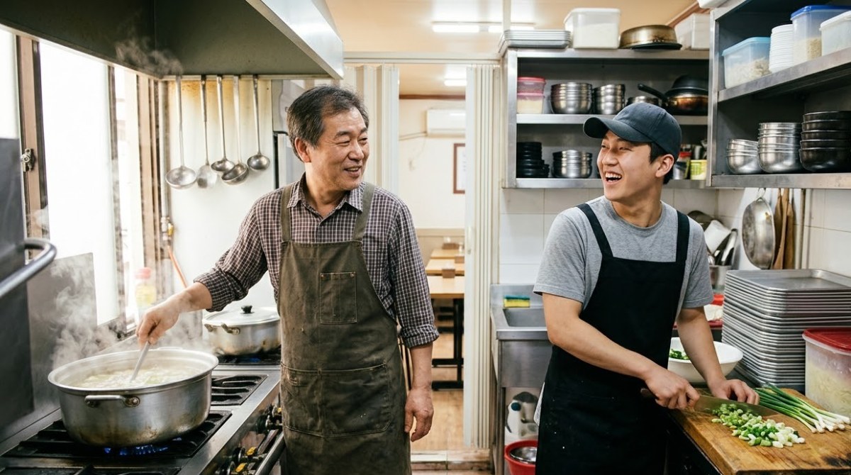작은 식당 주방에서 함께 일하는 사장님과 직원
