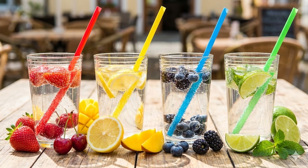 햇살-가득한-야외-테이블-위에-각기-다른-색깔-빨강-노랑-파랑-초록색-빨대가-꽂힌-네-잔의-투명한-탄산음료가-놓여-있는-사진입니다.-각-잔-주변에는-빨대-색과-매치되는-딸기-레몬-블루베리-라임-등의-과일이-함께-배치되어-빨대-색깔이-음료의-맛-인식에-미치는-심리적-효과를-시각적으로-표현하고-있습니다.