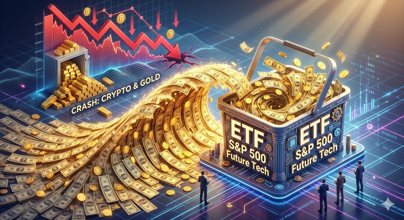 붉게 폭락하는 비트코인 그래프를 뒤로하고, 거대한 황금색 돈의 파도가 'S&amp;P 500'과 '미래 산업' ETF로 쏟아지는 화려한 3D 일러스트