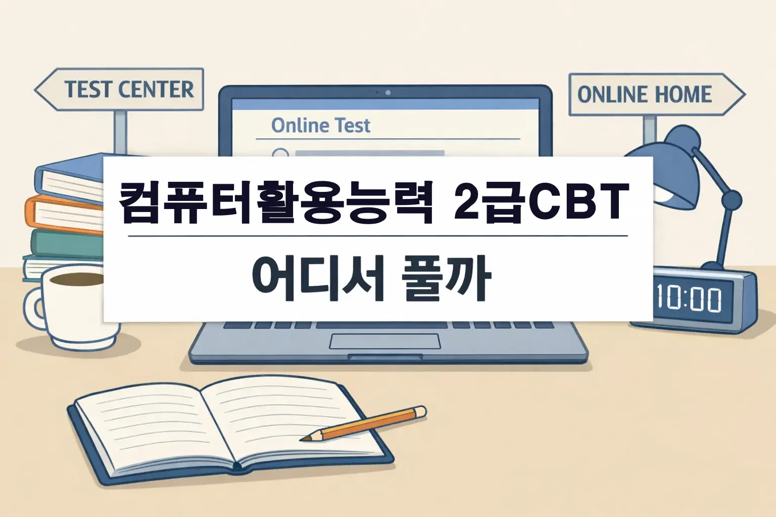 컴퓨터활용능력 2급 CBT를 어디서 풀지 고민할 때 시험장 응시와 온라인 학습 흐름을 함께 떠올리도록 정리한 대표 이미지