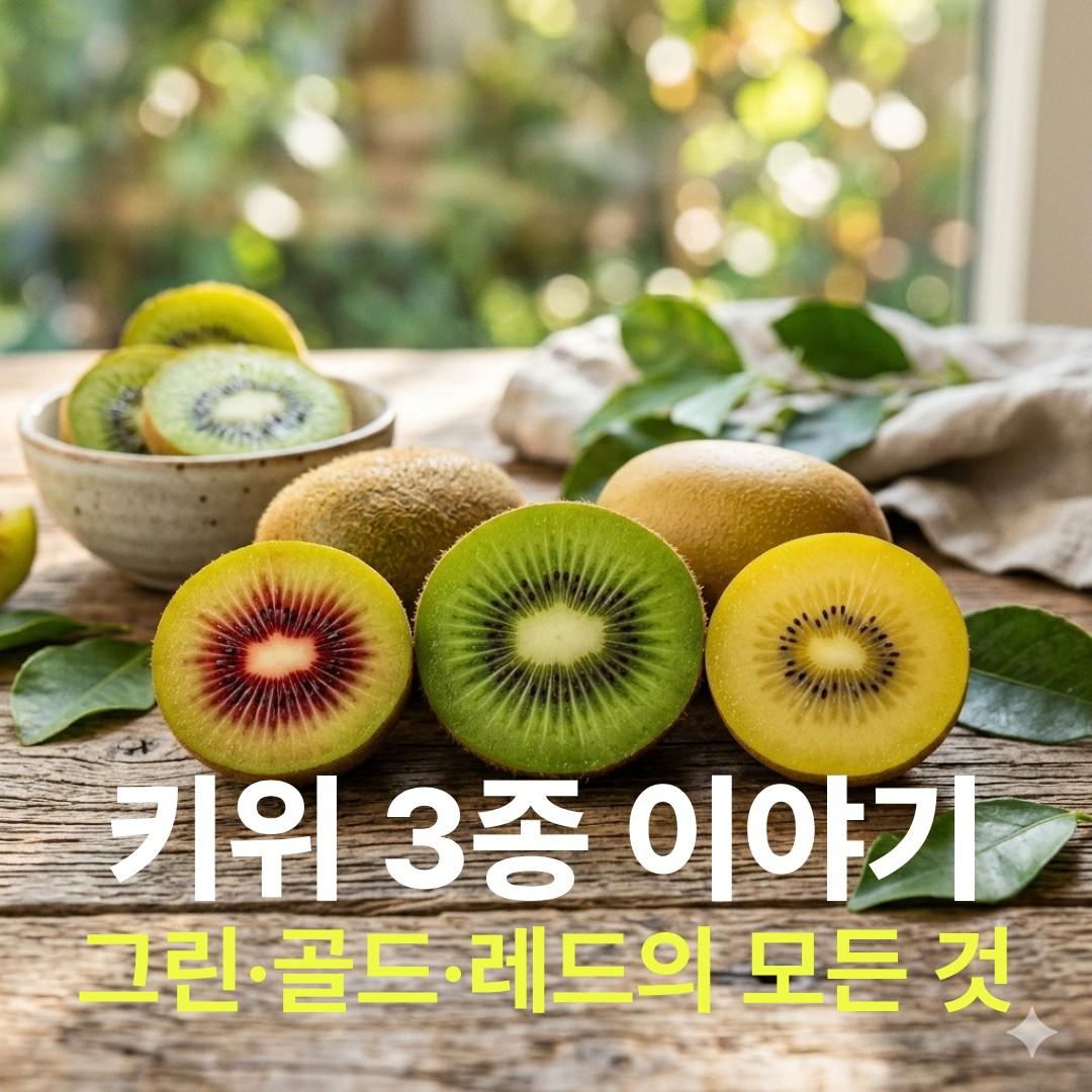 나무 질감의 테이블 위에 나란히 놓인 레드 키위, 그린 키위, 골드 키위의 신선한 단면 사진. 배경에는 잎사귀와 키위 전체 모습이 자연스럽게 배치됨