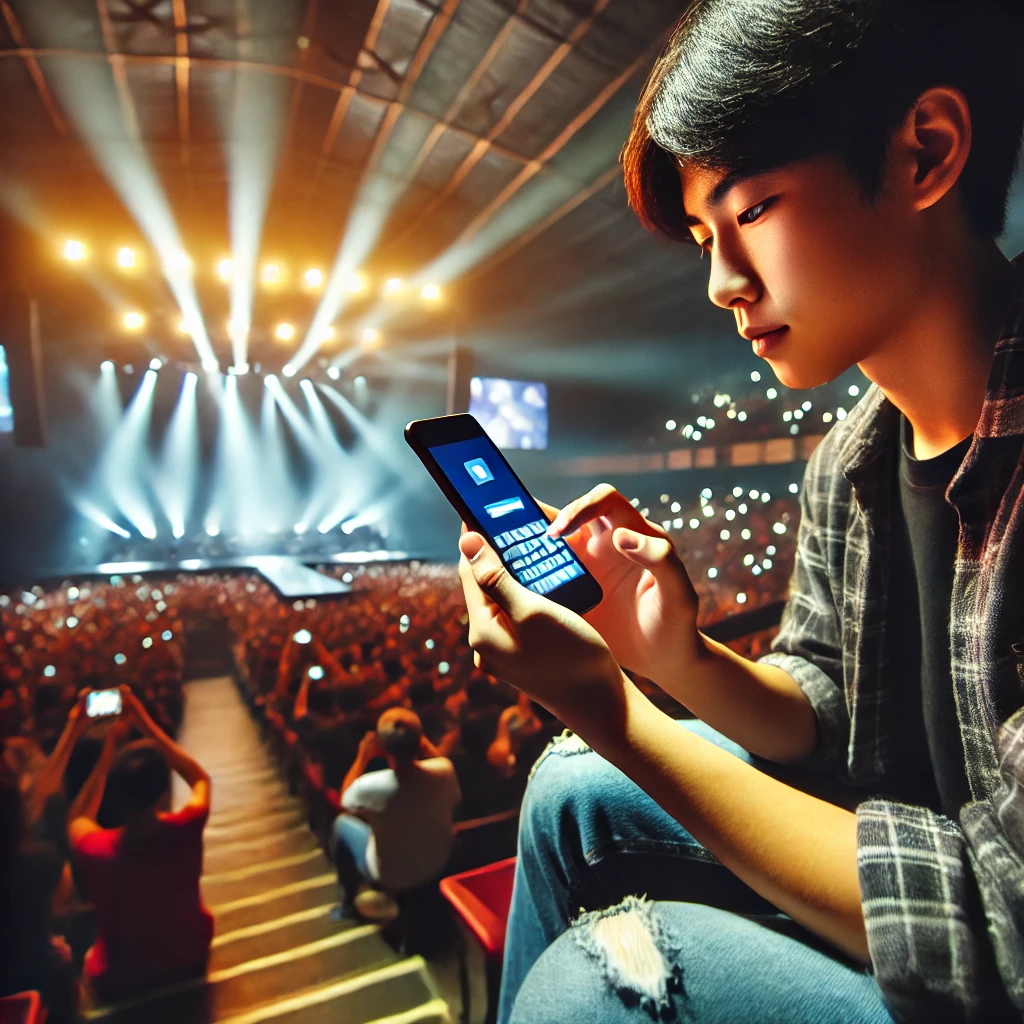 공연 관람 중 핸드폰으로 SNS 하고 있는 사람의 사진