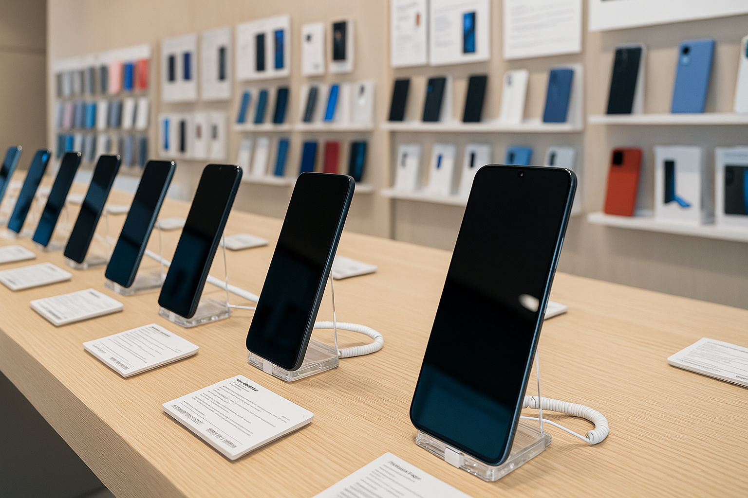 "스마트폰이 진열된 판매점 내부 모습 &ndash; 다양한 기종의 휴대폰이 진열대에 세워져 있는 모습"