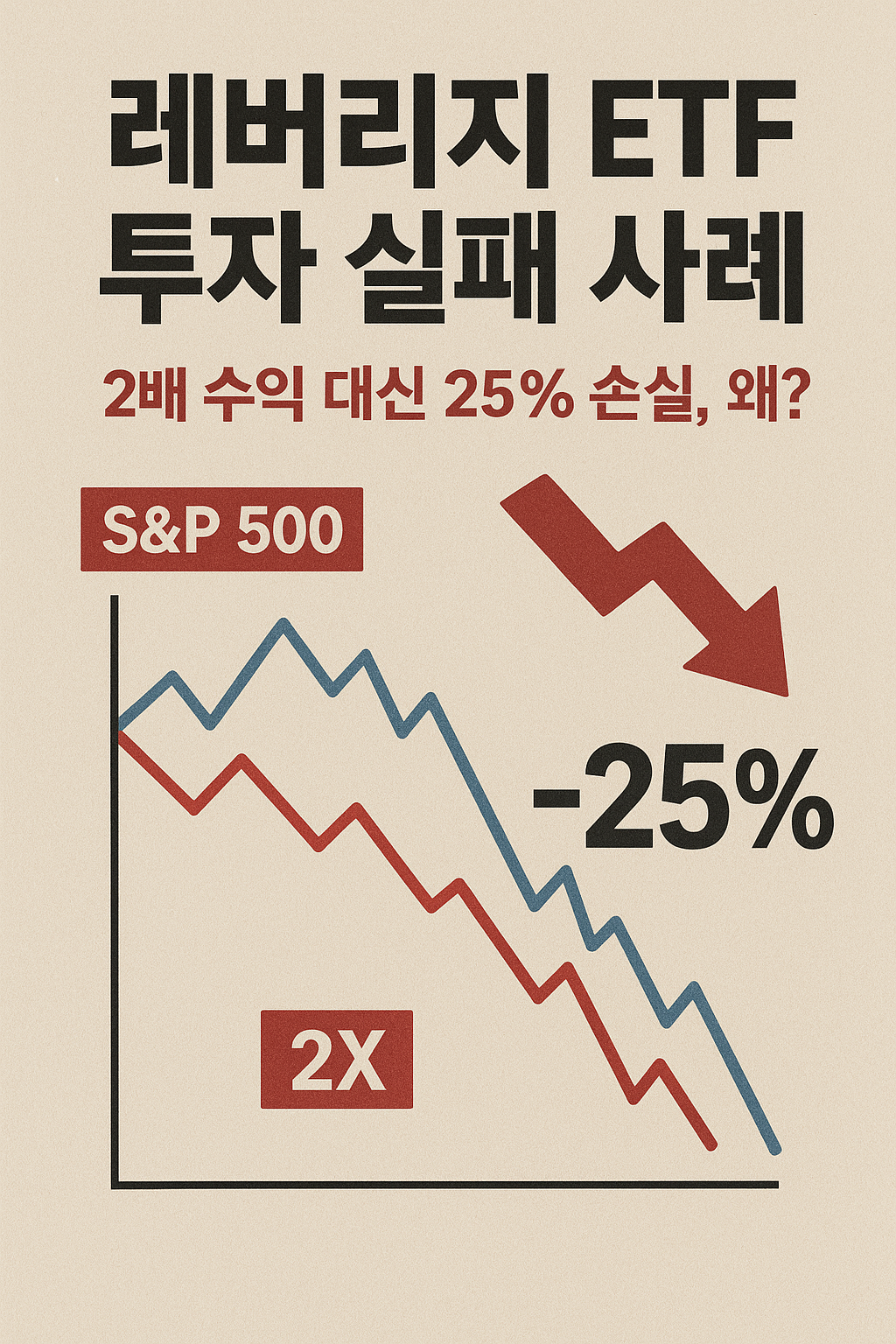 레버리지 ETF 투자 실패 사례 그래프, S&amp;P 500 지수하락 시 2X 레버리지 상품이 25% 이상 손실을 입는 현상을 보여줌.