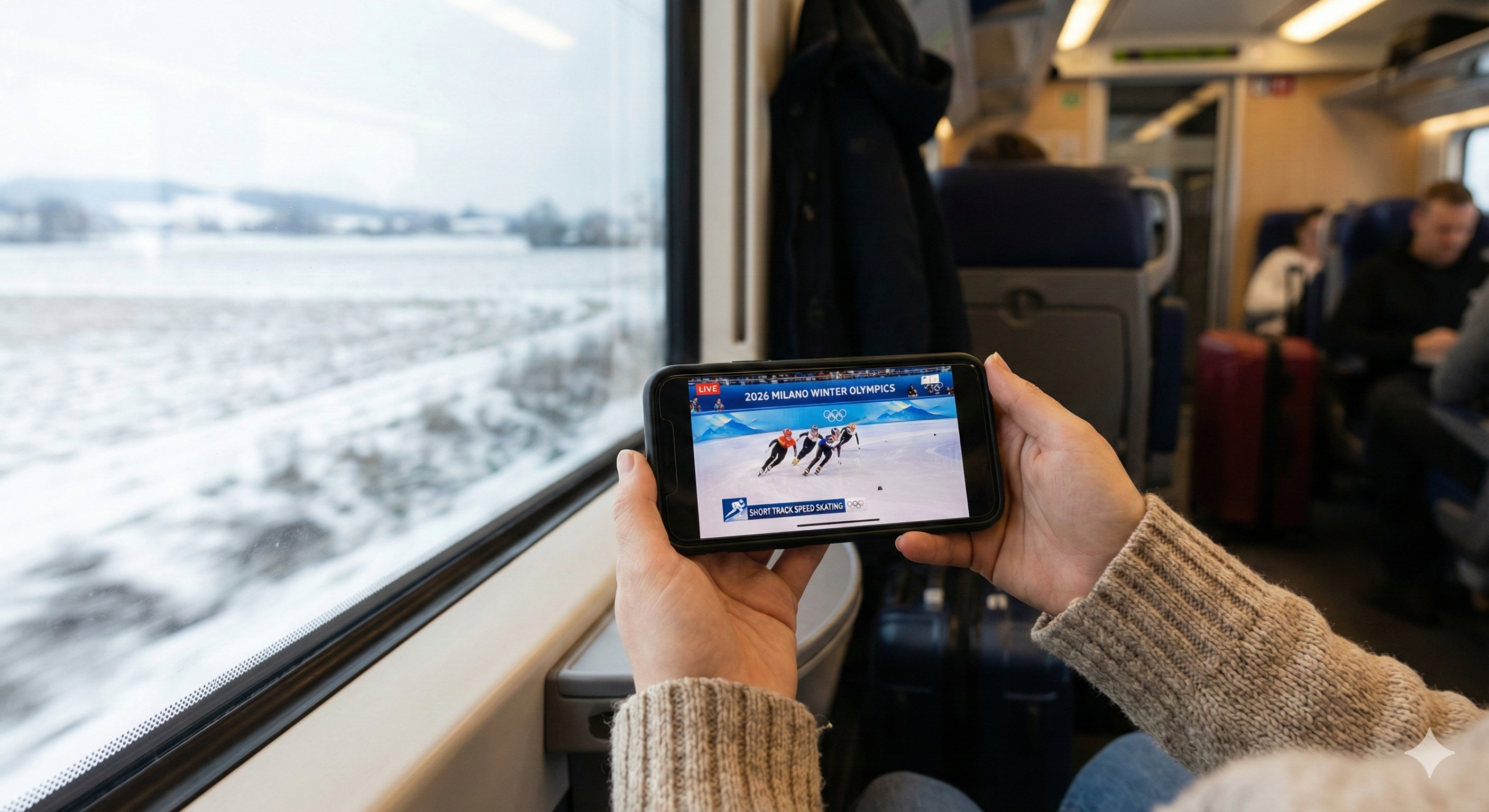 귀성길 기차 안에서 스마트폰으로 2026 밀라노 동계올림픽 실시간 중계를 시청하는 모습