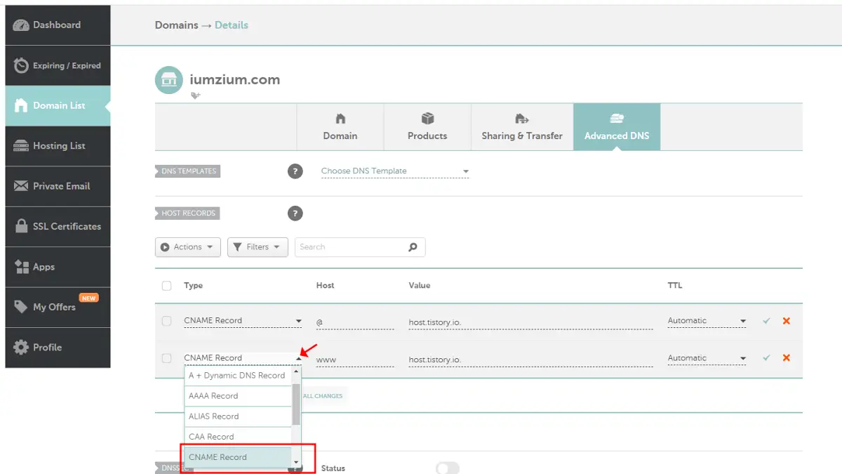 namecheap-domainlist-advancedDNS-cnamerecord