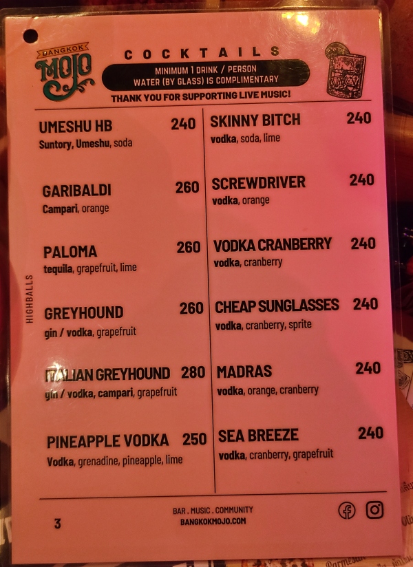 Bangkok Mojo bar 메뉴판