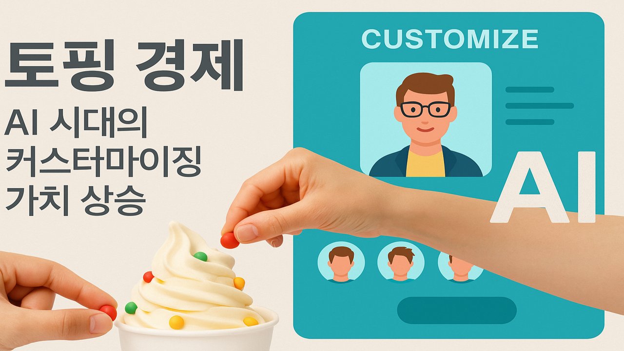 AI 시대의 커스터마이징 가치를 표현한 그래픽 – 아이스크림에 토핑을 추가하는 손과 AI 아바타 커스터마이징 화면의 조합