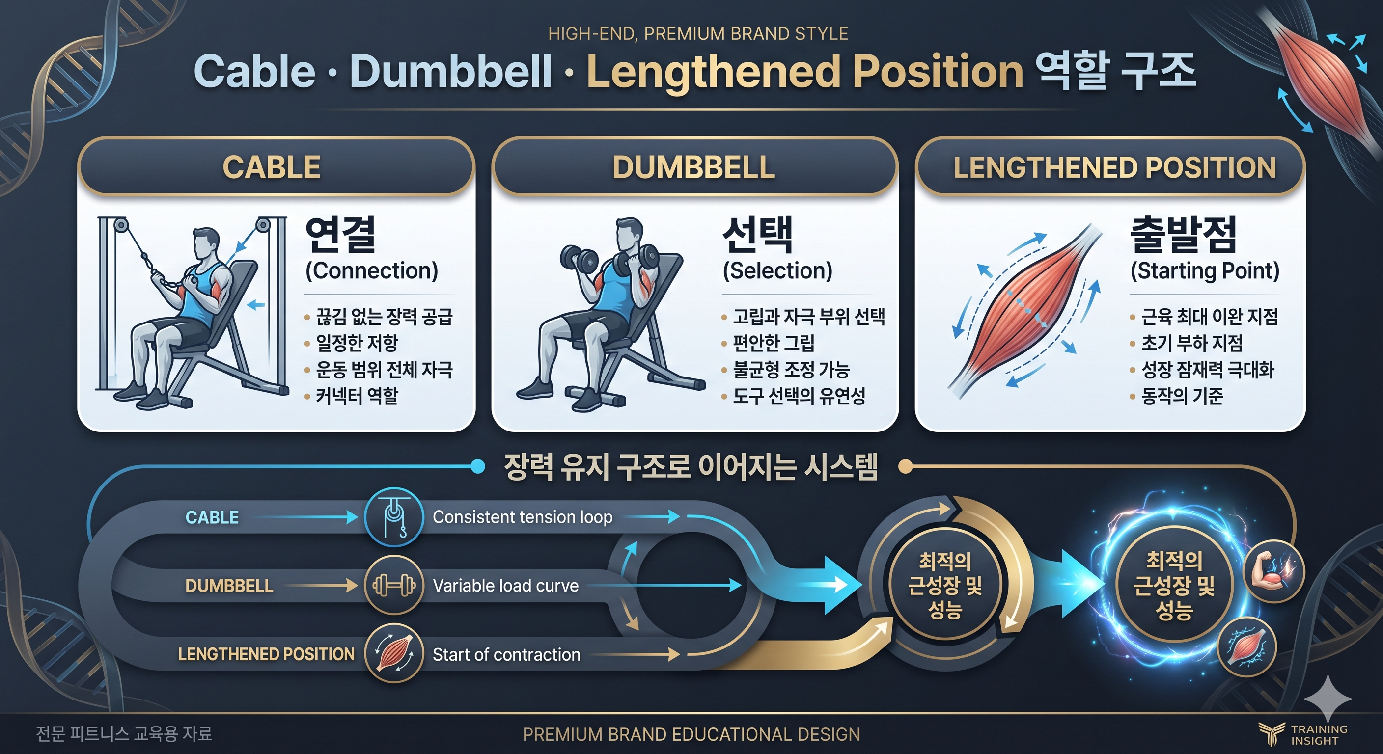 Cable · Dumbbell · Lengthened Position 역할 구조
