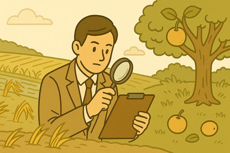 손해평가사가 논밭과 과수원에서 작물 피해를 서류패드와 돋보기로 조사하는 모습의 일러스트