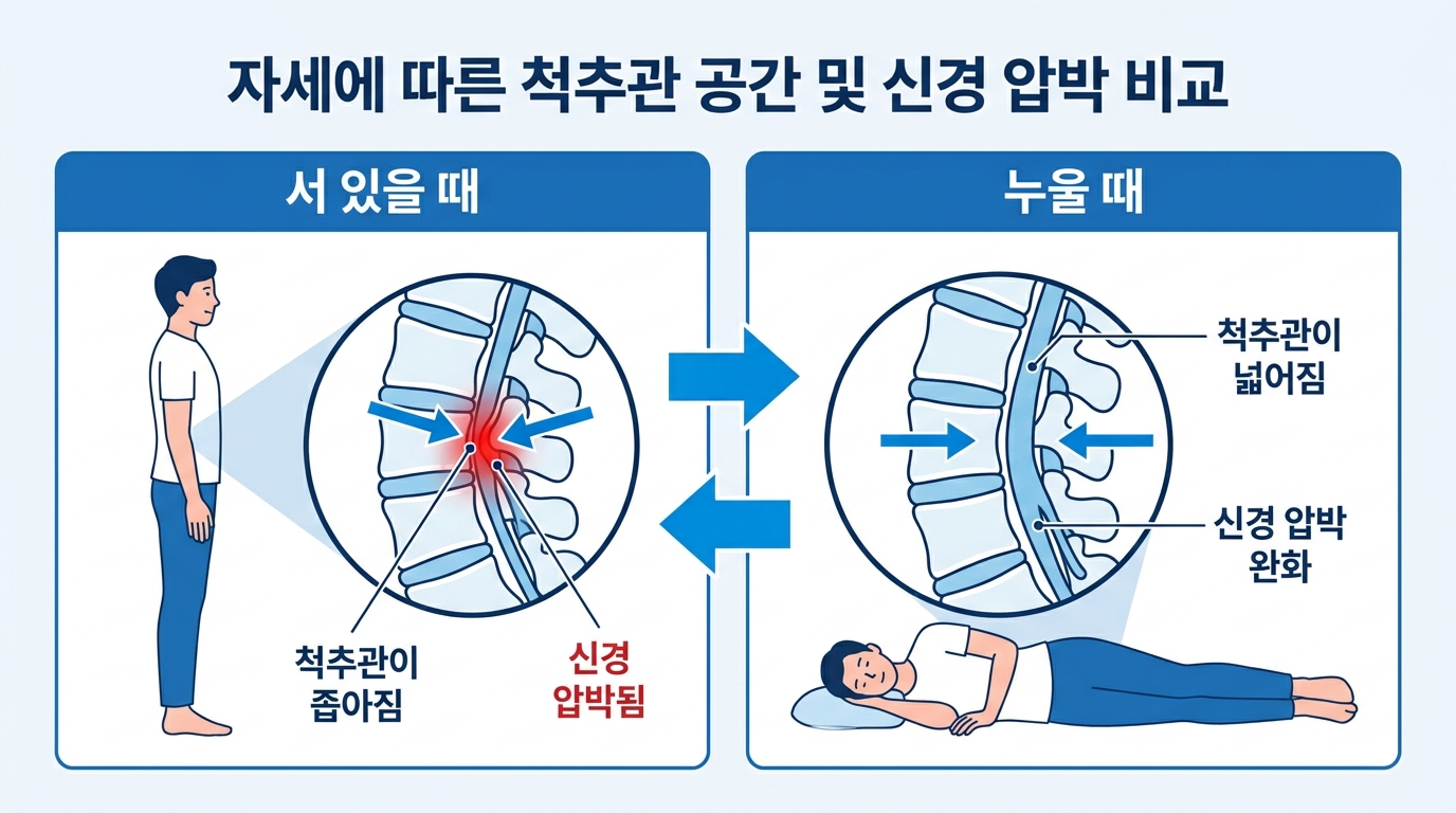 alt="서 있을 때와 누울 때 척추관 넓이 변화를 비교한 의학 인포그래픽"