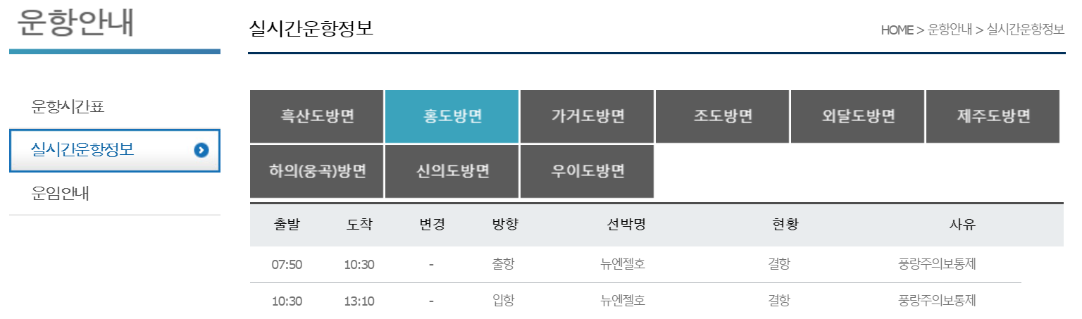 홍도 배시간표, 홍도 배편 예약