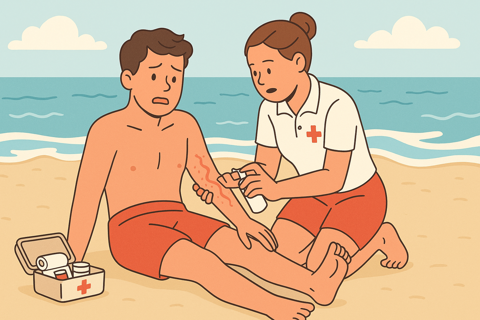 해수욕장에서 해파리에 쏘인 남성을 구조요원이 응급처치하는 장면, 팔에 붉은 쏘임 자국이 보임