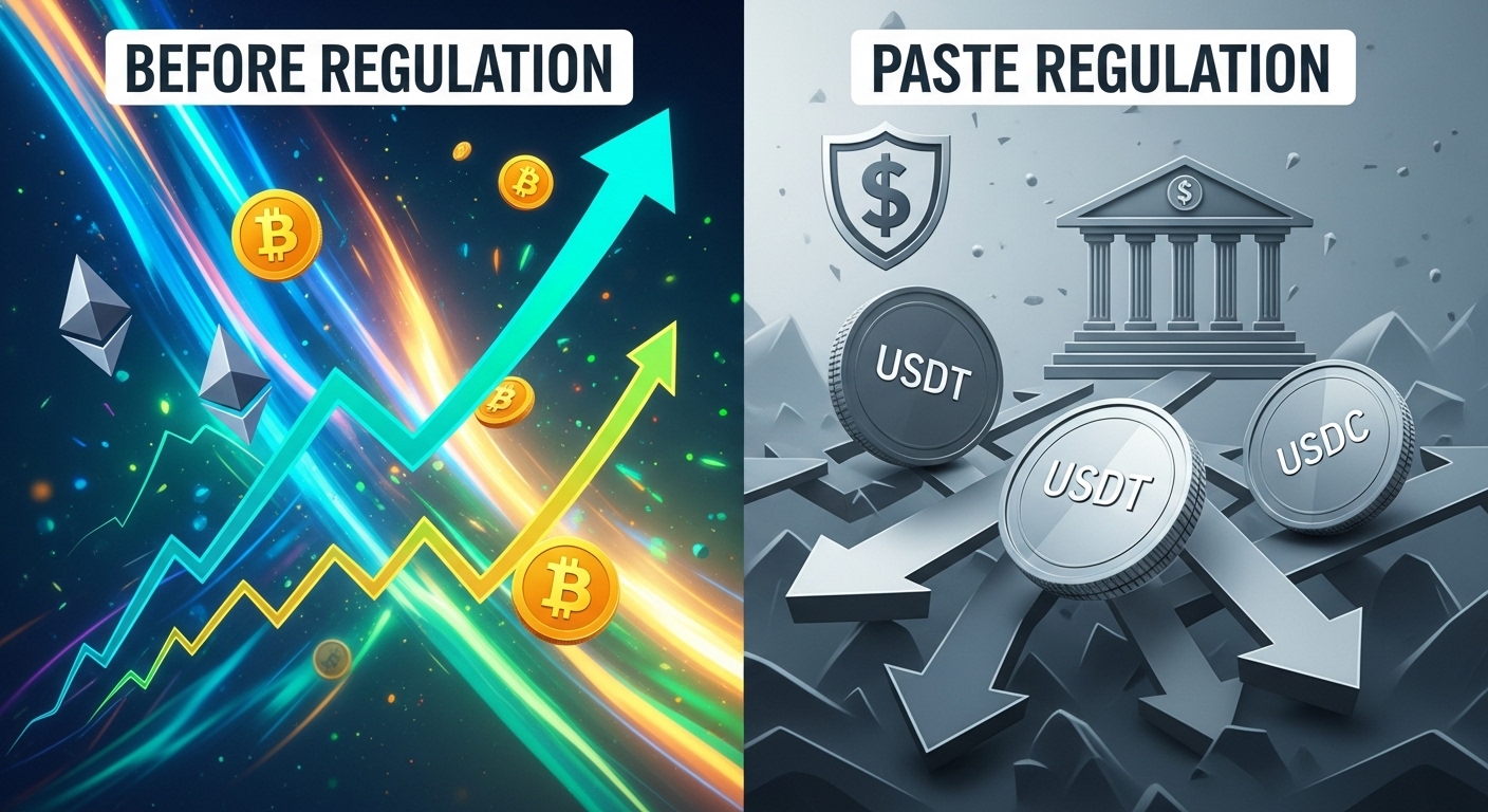 활발했던 가상자산 시장이 규제로 인해 통제되고 변화하는 모습을 보여주는 양분된 이미지.