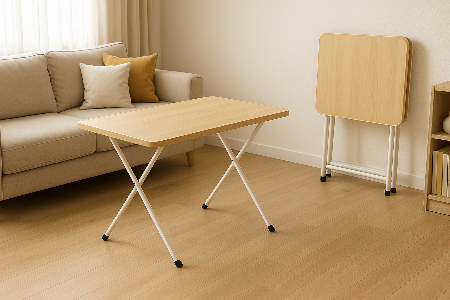 펼쳐진 접이식 테이블과 벽에 세워둔 접이식 테이블