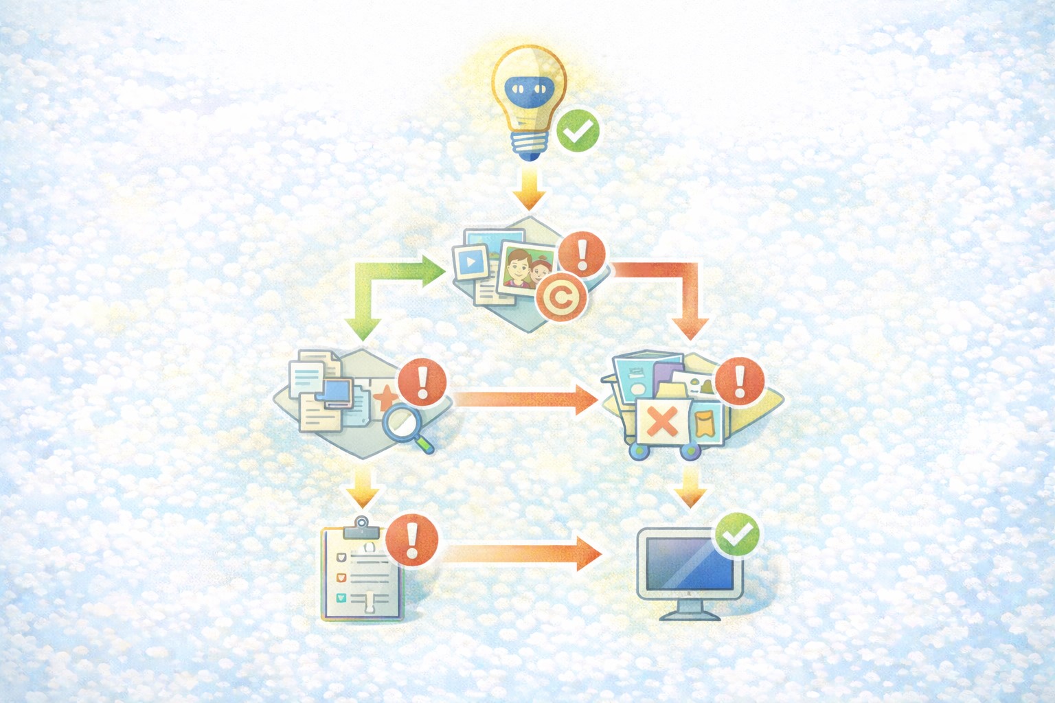 생성형 AI 콘텐츠를 게시하기 전 유사성 소스 상업 사용 증빙 자체성 여부를 순서대로 판단하는 텍스트 없는 의사결정 다이어그램 이미지