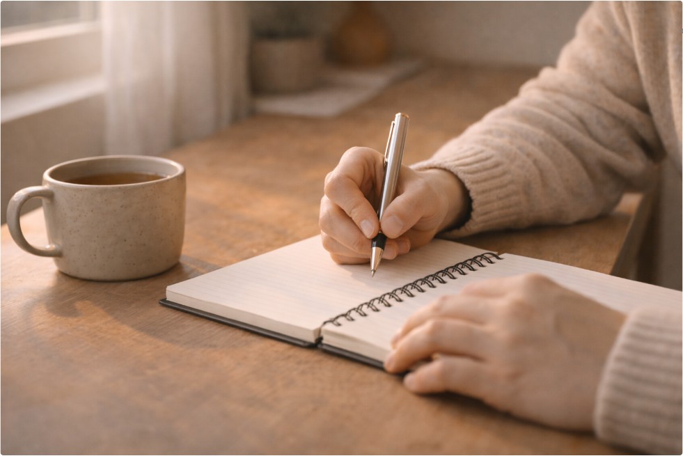 나무 책상 위에서 노트에 자신의 생각을 적고 있는 장면