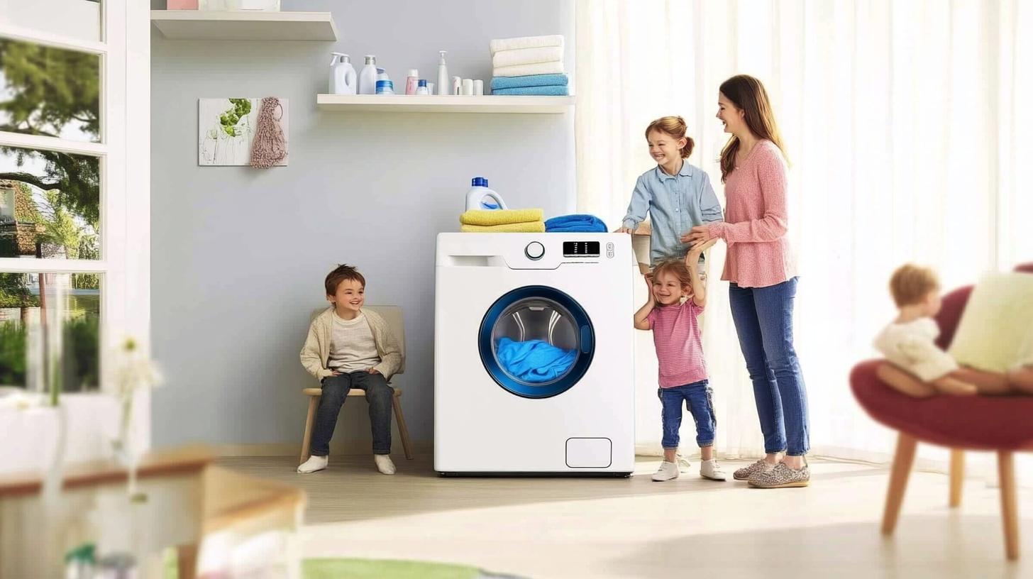 삼성 WF2420HCVVC 세탁기로 조용한 빨래 날을 즐기는 가족, 평화로운 가정 환경을 제공하는 모습