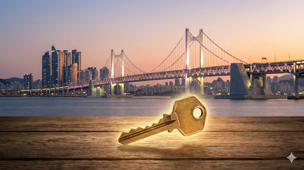 부산 광안대교 야경을 배경으로 놓인 황금색 집 열쇠, 희망적인 주거 기회 상징