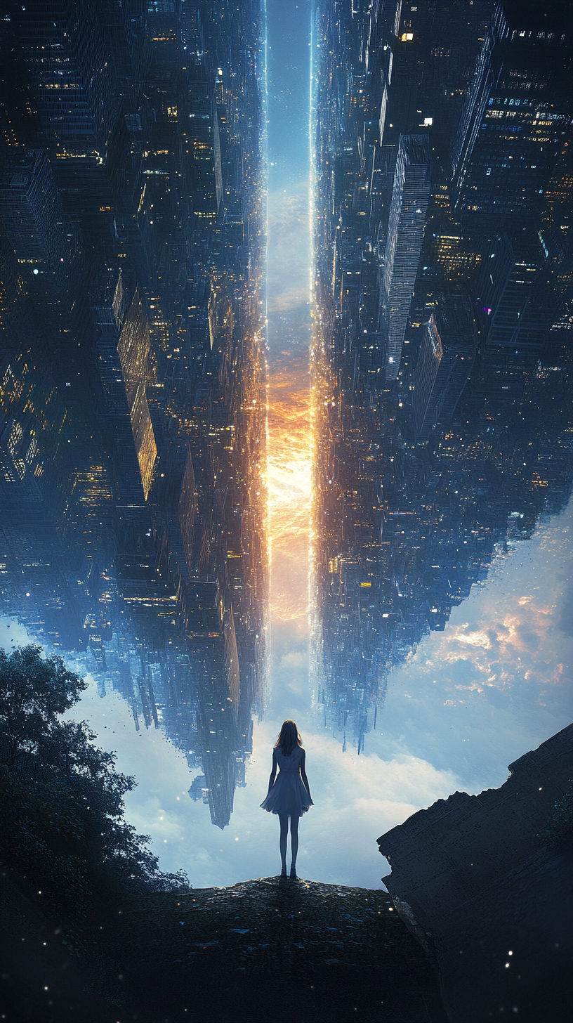SF 속 소녀가 미래의 건물 앞에 서 있는 사진