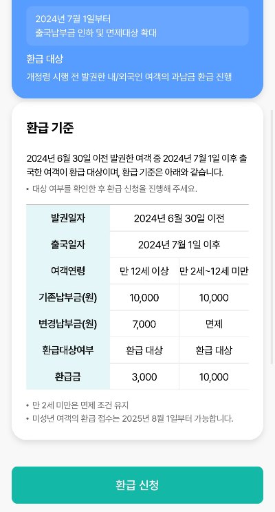 출국납부금 환급 신청 화면