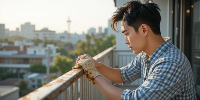 스테인레스 난간의 녹을 제거하는 모습