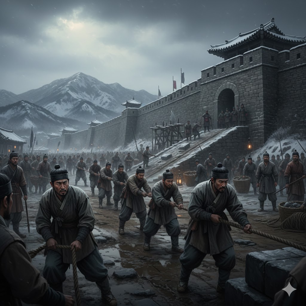 조선 시대 백성들이 도로와 성곽을 쌓는 부역 노동 장면을 표현한 역사 일러스트