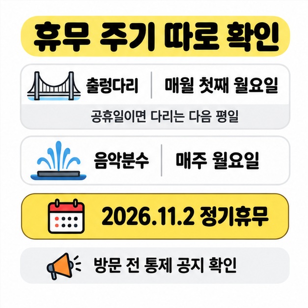 출렁다리의 매월 첫째 월요일과 음악분수의 매주 월요일 휴무를 비교하고 2026년 11월 2일 정기휴무 및 통제 공지 확인을 알리는 이미지