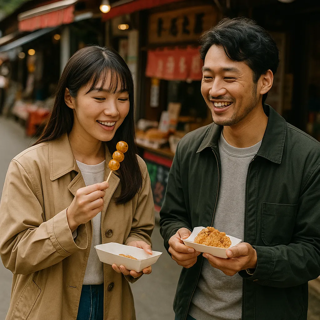 가루이자와 시장에서 현지 음식을 즐기는 커플