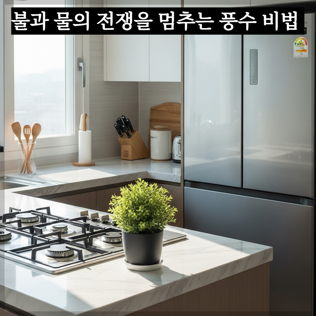 풍수적으로 조화를 이룬 현대적인 한국 아파트 주방 인테리어 배치 모습