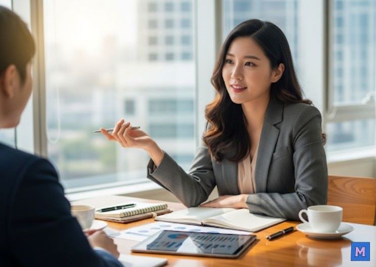 비즈니스 정장을 입은 여성이 오피스에서 미팅하며 사업 계획을 논의하는 모습, 1인 사업자 네트워킹 via Gemini