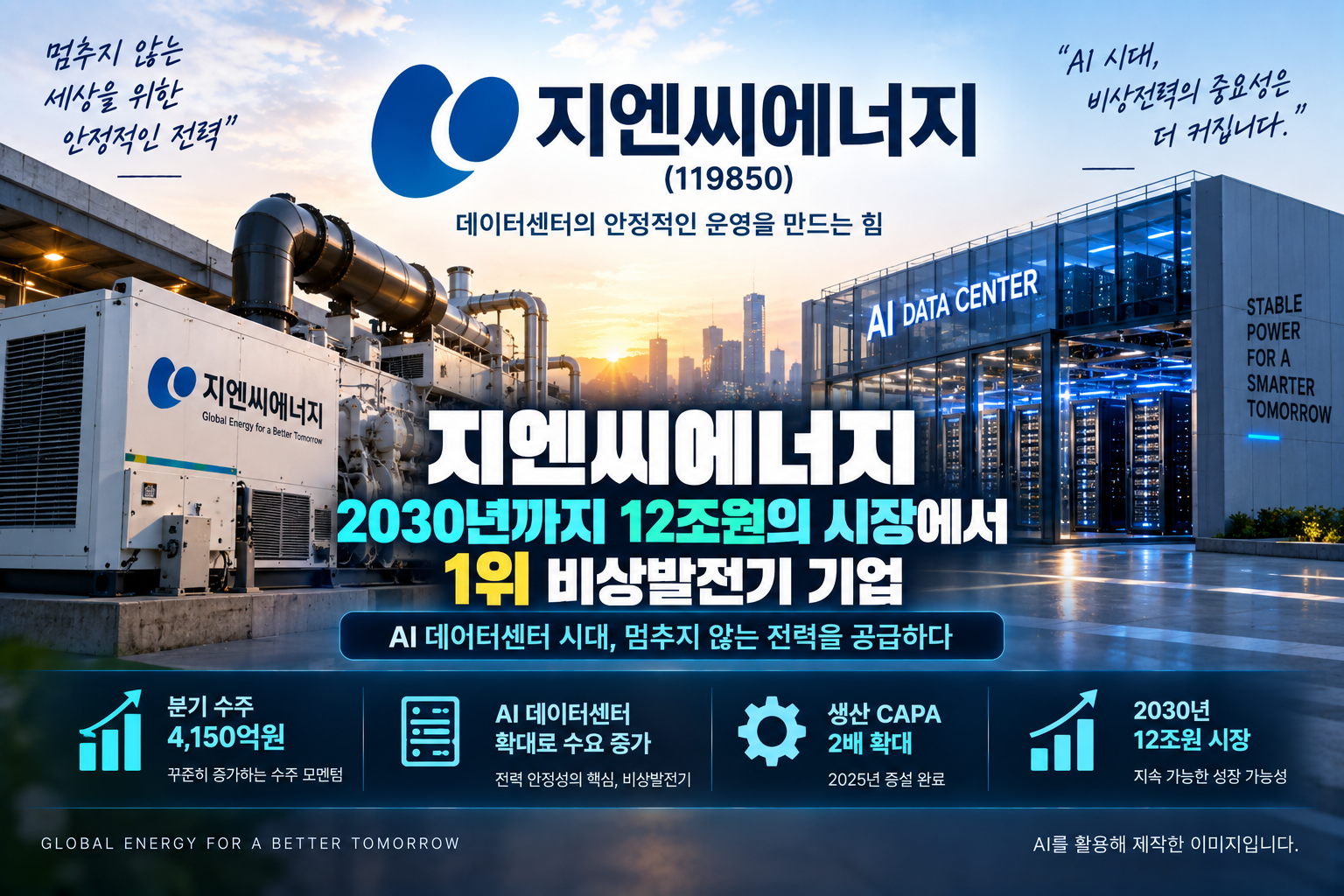 지엔씨에너지 AI 데이터센터 비상발전기 수주 증가와 2030년 시장 확대 전망을 다룬 기업분석