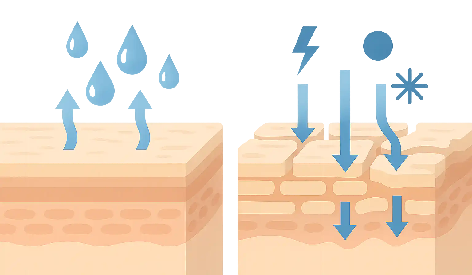 건강한 피부 장벽 vs 손상된 피부 장벽 비교