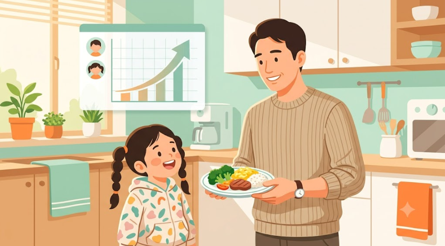 잘 먹는 5세 아이의 올챙이배가 정상 발달인지 소아비만 신호인지, 성장 백분위 기준으로 함께 확인하는 아빠의 육아 일러스트