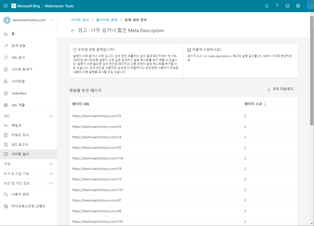 Bing Webmaster Tools - 사이트 검사