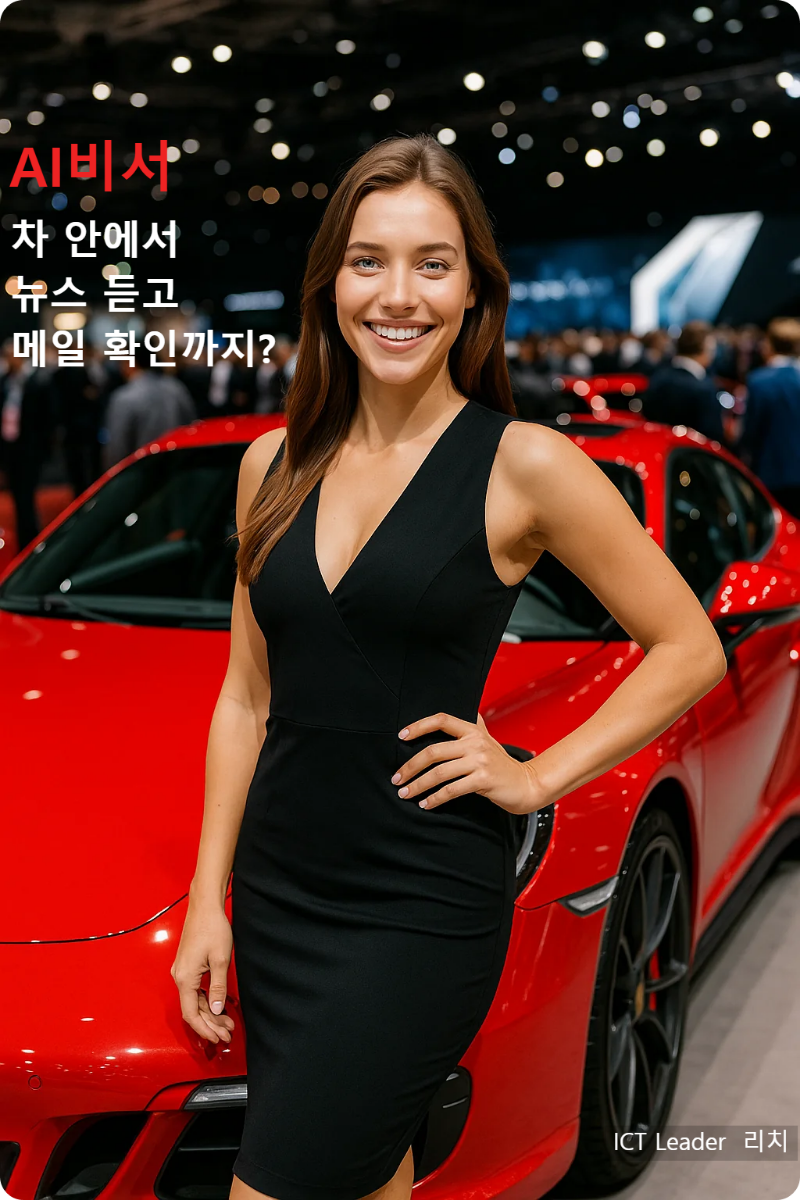 고급 전시회에서 빨간 스포츠카 앞에 선 20대 유럽 여성 카레이싱 모델