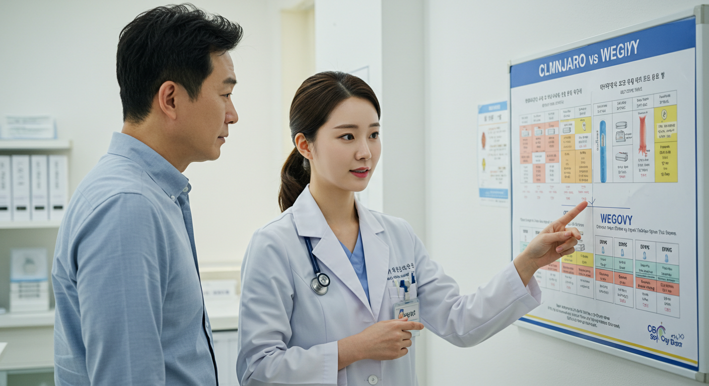 한국인 의사가 마운자로와 위고비 효과 및 가격을 비교하는 병원 프레젠테이션 보드