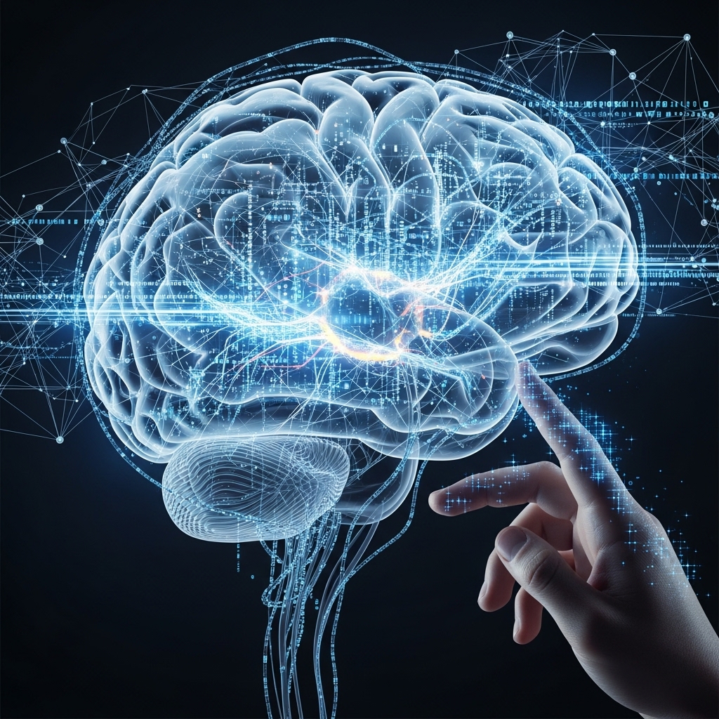 인공지능 언어 모델의 복잡한 신경망 두뇌를 인간의 손이 탐구하는 추상적인 이미지. AI의 내부 작동 원리를 이해하려는 과학적 탐색을 상징하며, 파란색과 회색 톤이 지배적이다.