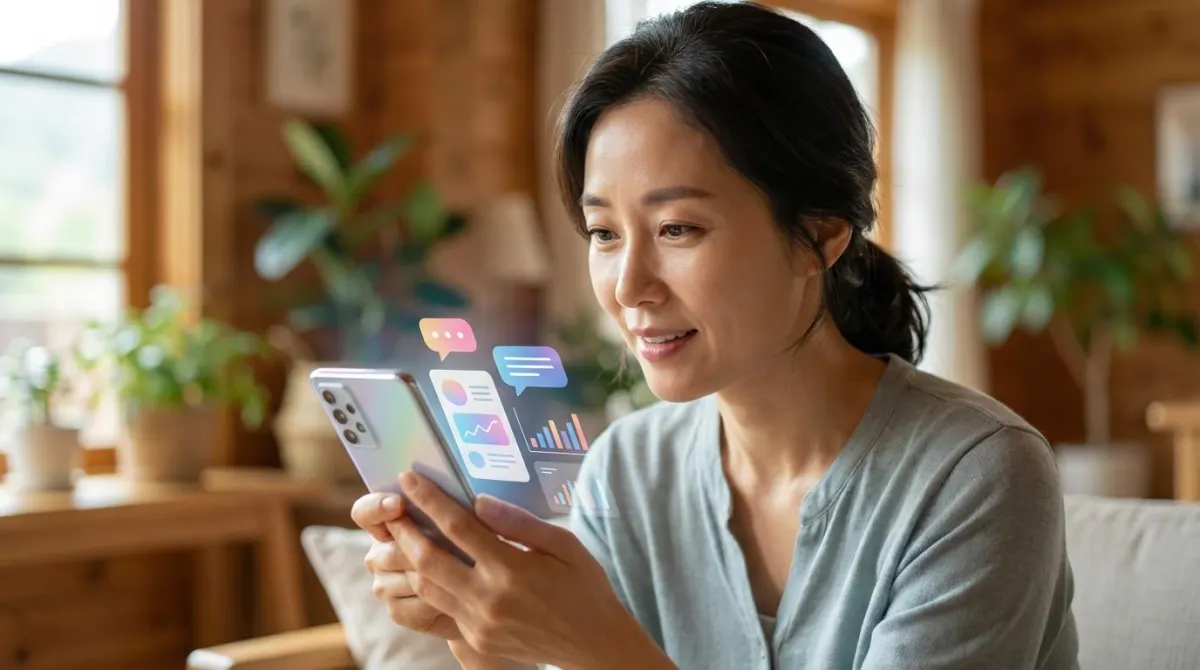 스마트폰으로 자녀의 유행어와 대화 패턴을 분석하며 소통의 실마리를 찾고 있는 한국인 어머니의 진지한 모습