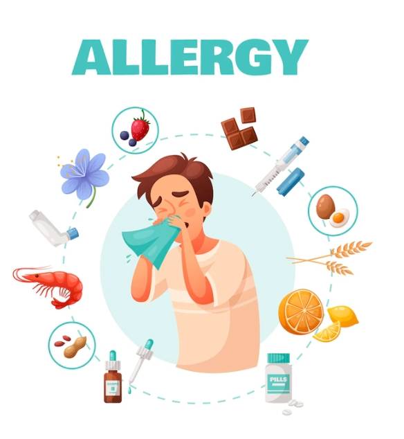 다양한 알레르기 유발물질로 재채기를 하고 있는 남성캐릭터