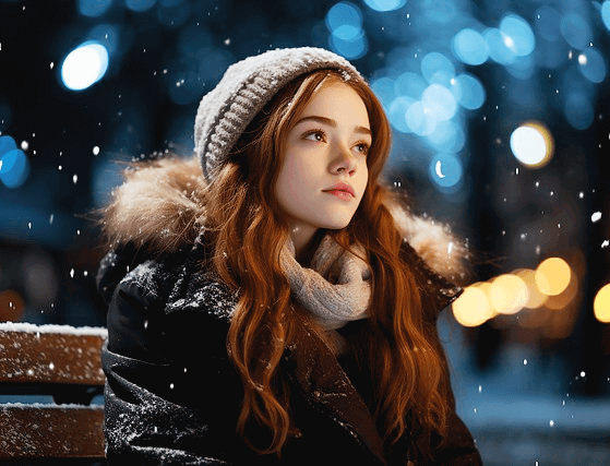 흰 눈이 내리는 날 벤치에 앉은 백인여성이 허공을 응시한다. 긴 갈색머리에 뱅이모자를 썼다.