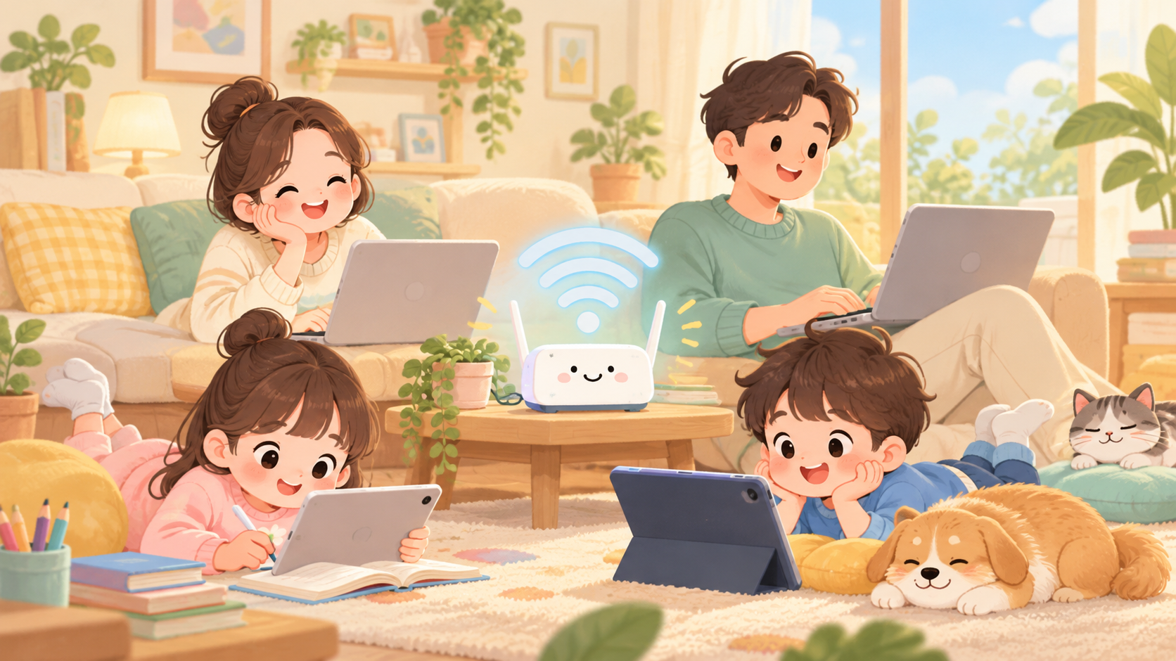 공유기를 중심으로 온라인 학습과 영상 시청을 하는 가족의 귀여운 일러스트