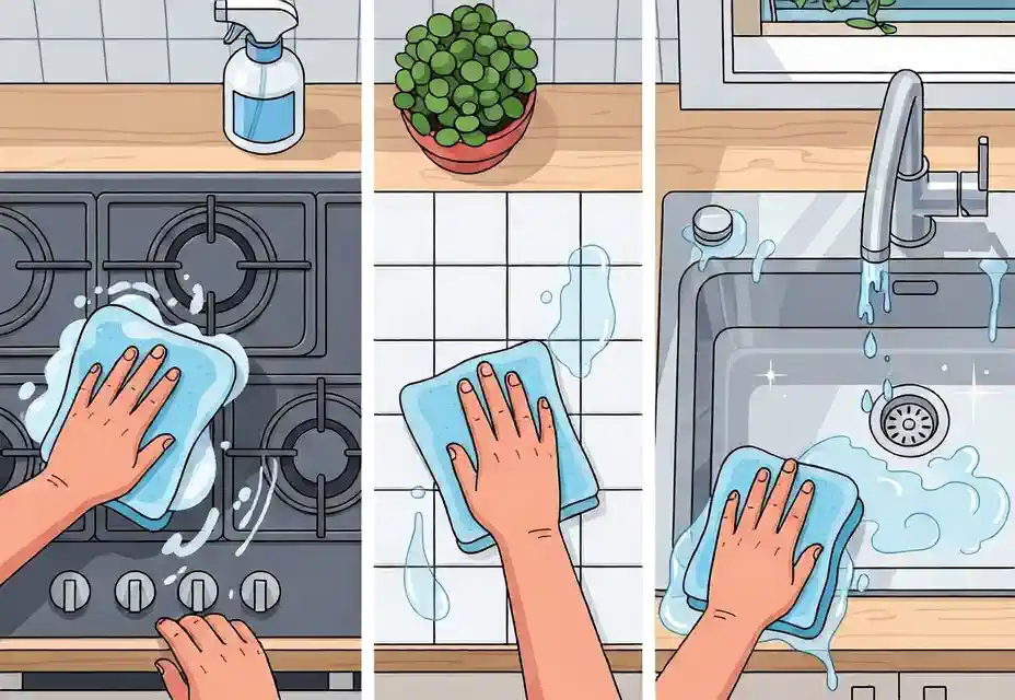 주방 상판 닦는 손