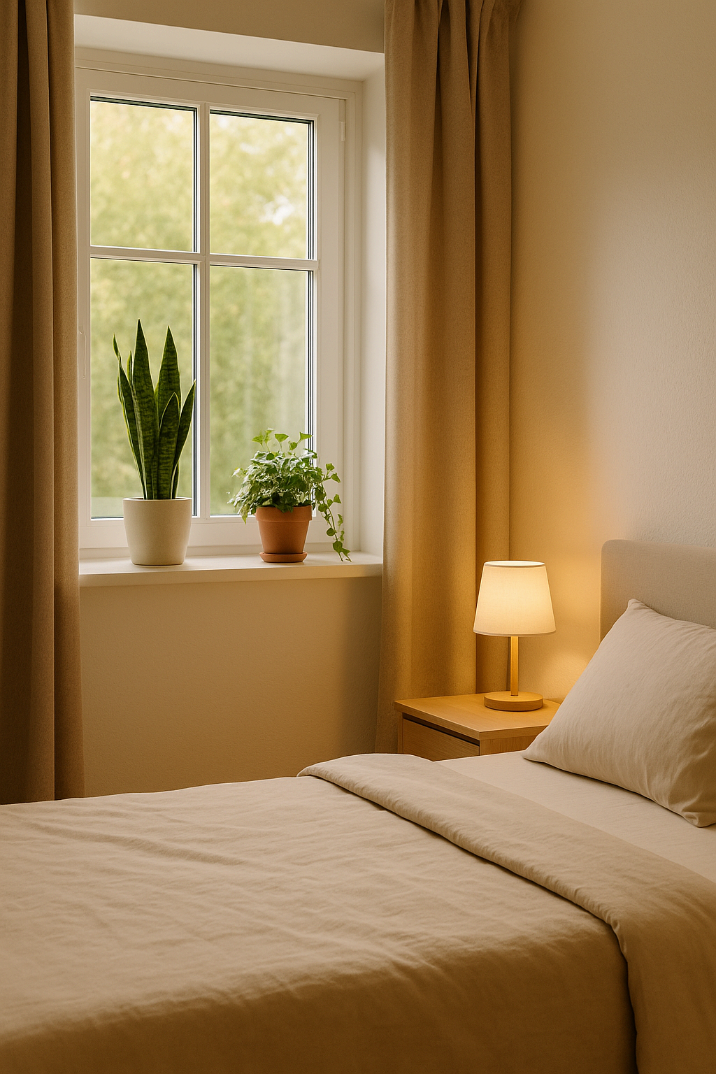 창가에 산세베리아와 아이비 화분이 놓인 아늑한 침실 인테리어