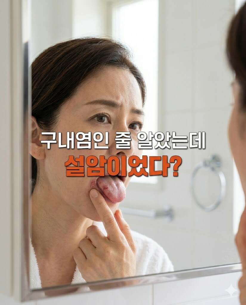 혀 옆 통증을 느끼며 거울 앞에서 확인하는 사람의 모습