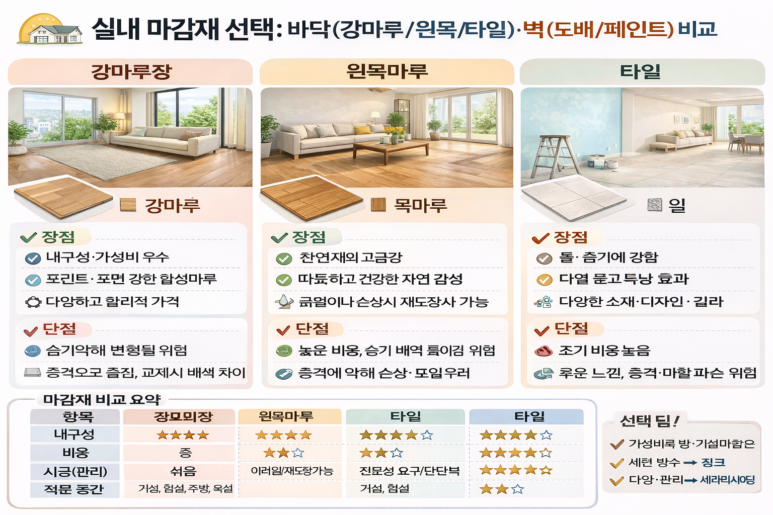 실내 마감재 선택: 바닥(강마루/원목/타일)·벽(도배/페인트) 비교(강마루, 타일, 페인트)
