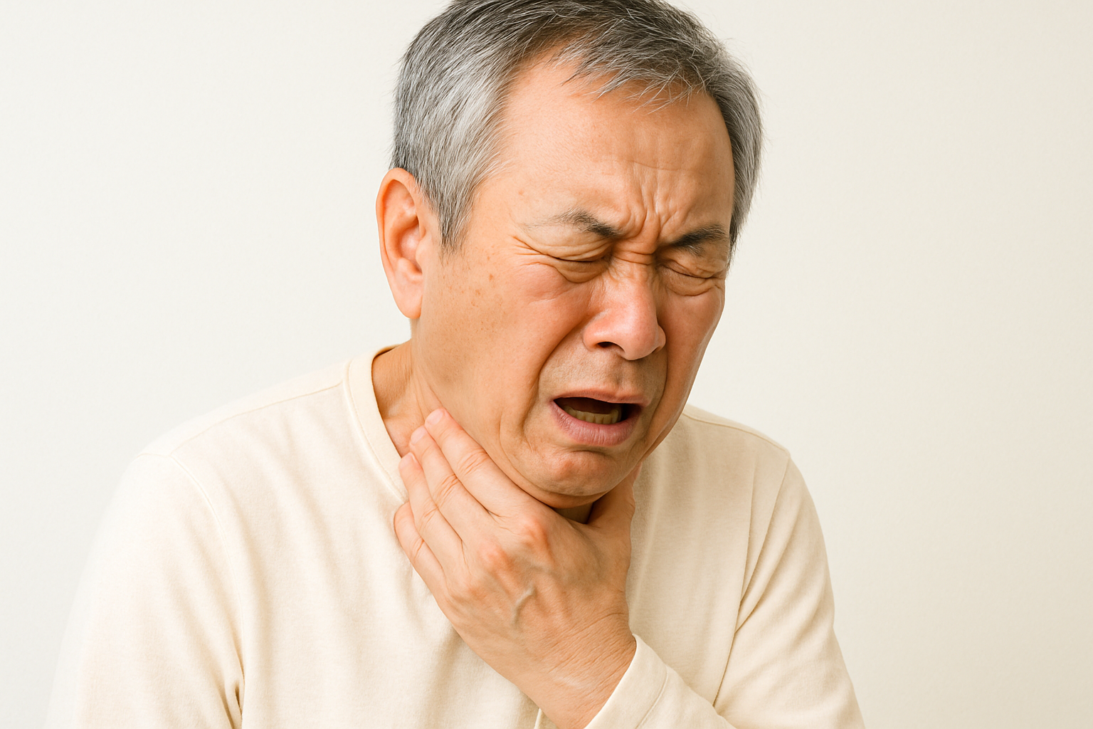 음식물을 삼키다가 목에 걸려 괴로워하는 노인 남성의 모습