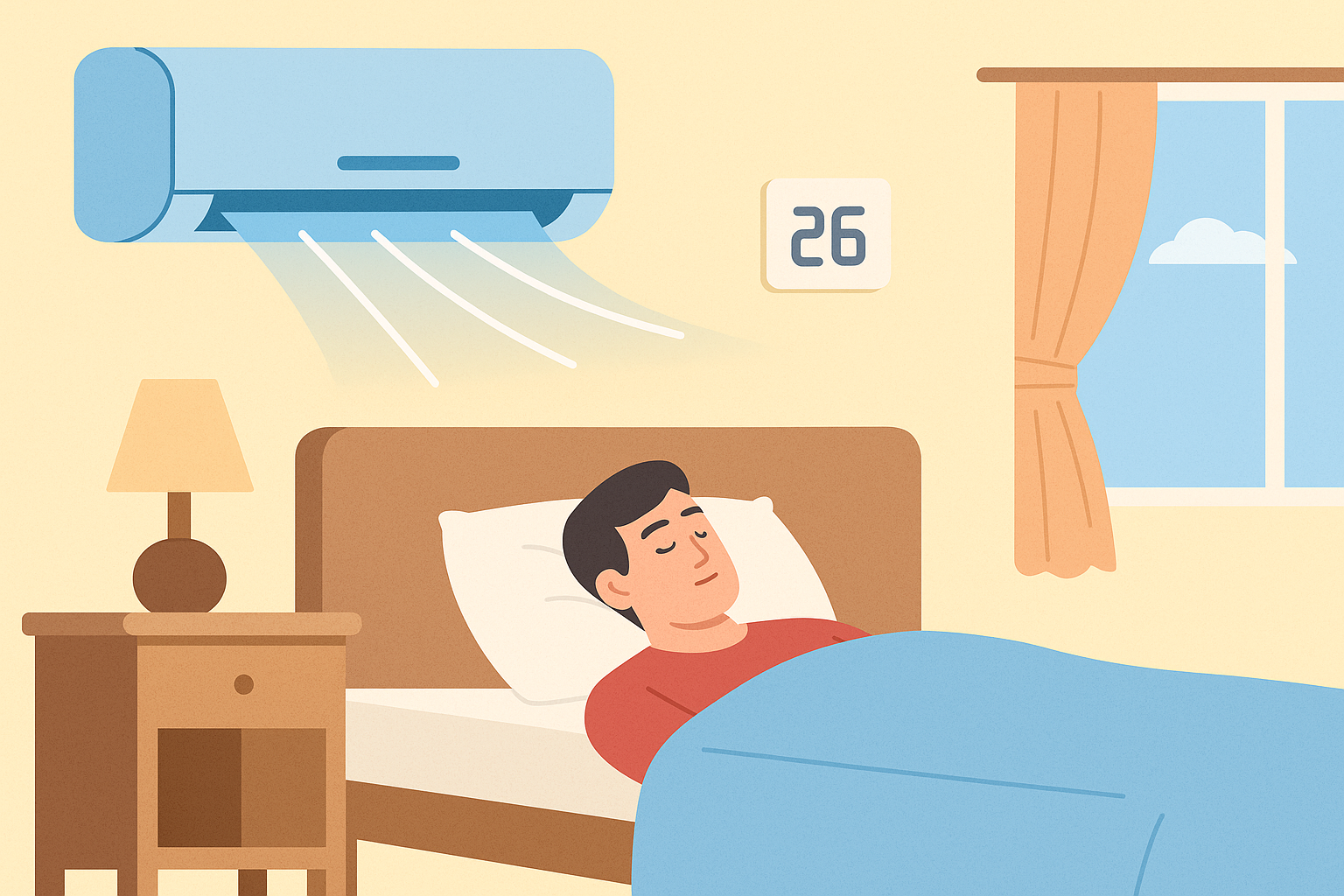 침실에서 에어컨을 26도로 설정해 시원하게 잠든 남성 모습, 여름철 열대야 수면 환경