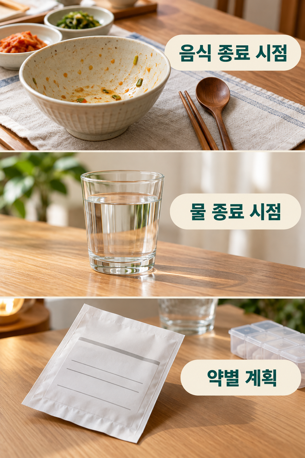 음식과 맹물, 약을 각각 구분해 확인할 항목을 적은 장면