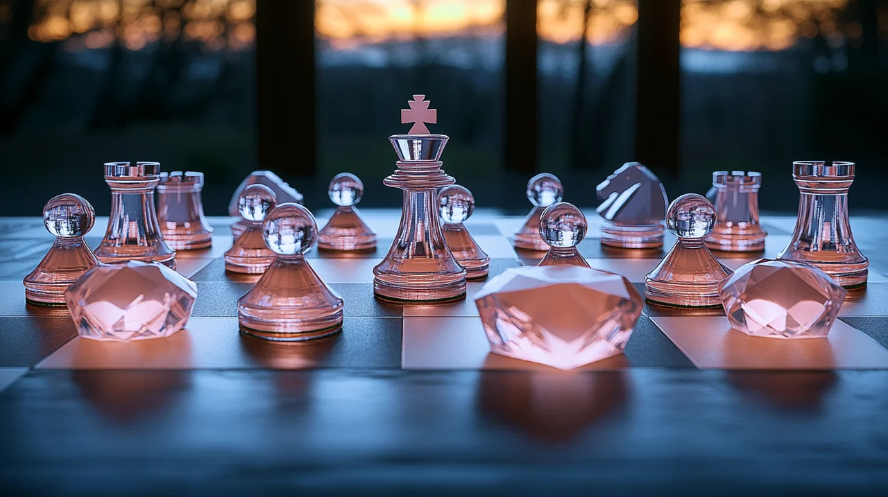 다양한 ETF 종류가 체스판 위 금융 보석처럼 놓여져 전략적 투자 방식을 조용히 표현하며, 똑똑한 투자 전략에 대한 신뢰와 평온함을 느끼게 합니다.